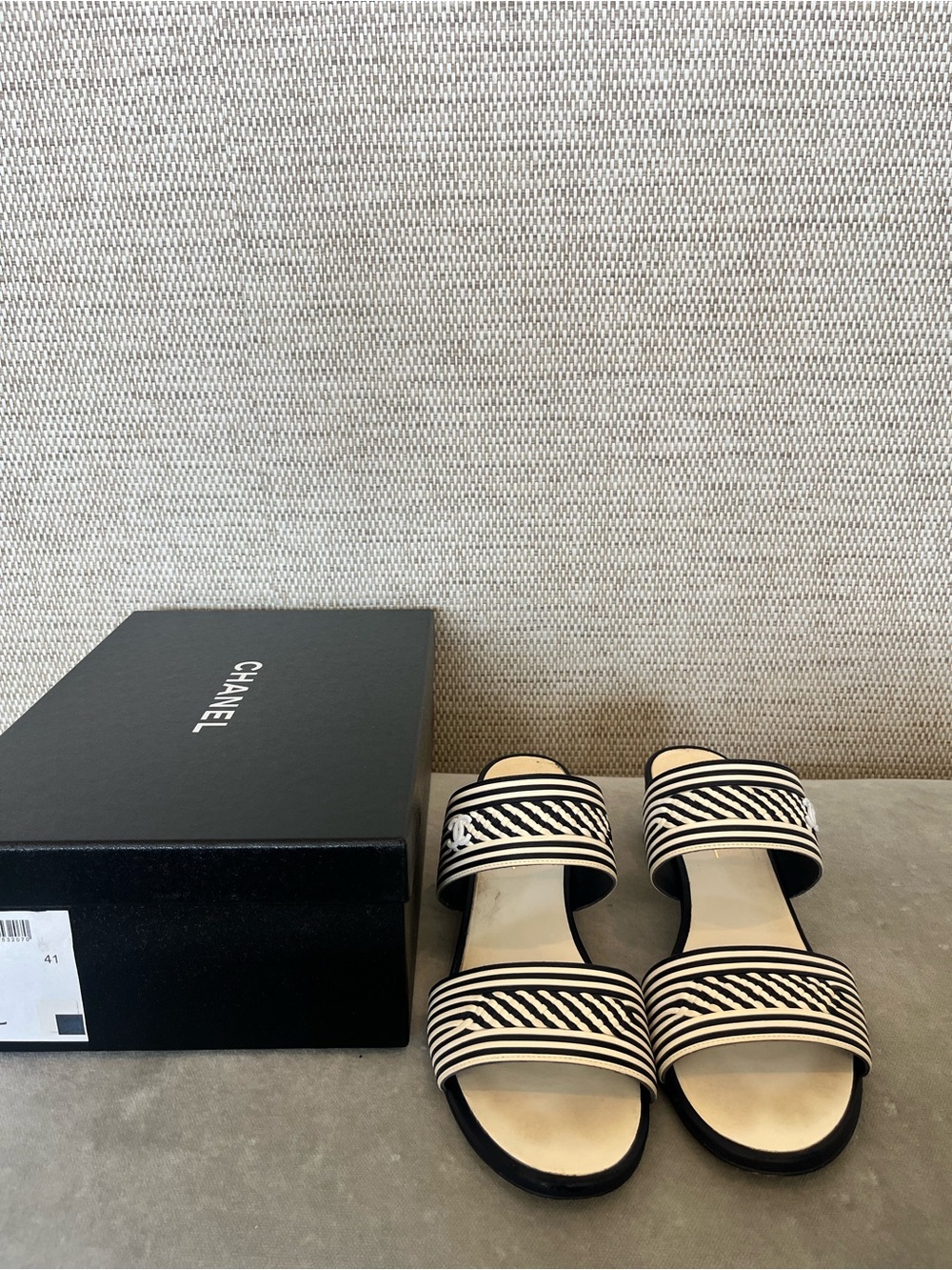CHANEL Black & White Striped Slide Sandals size 41